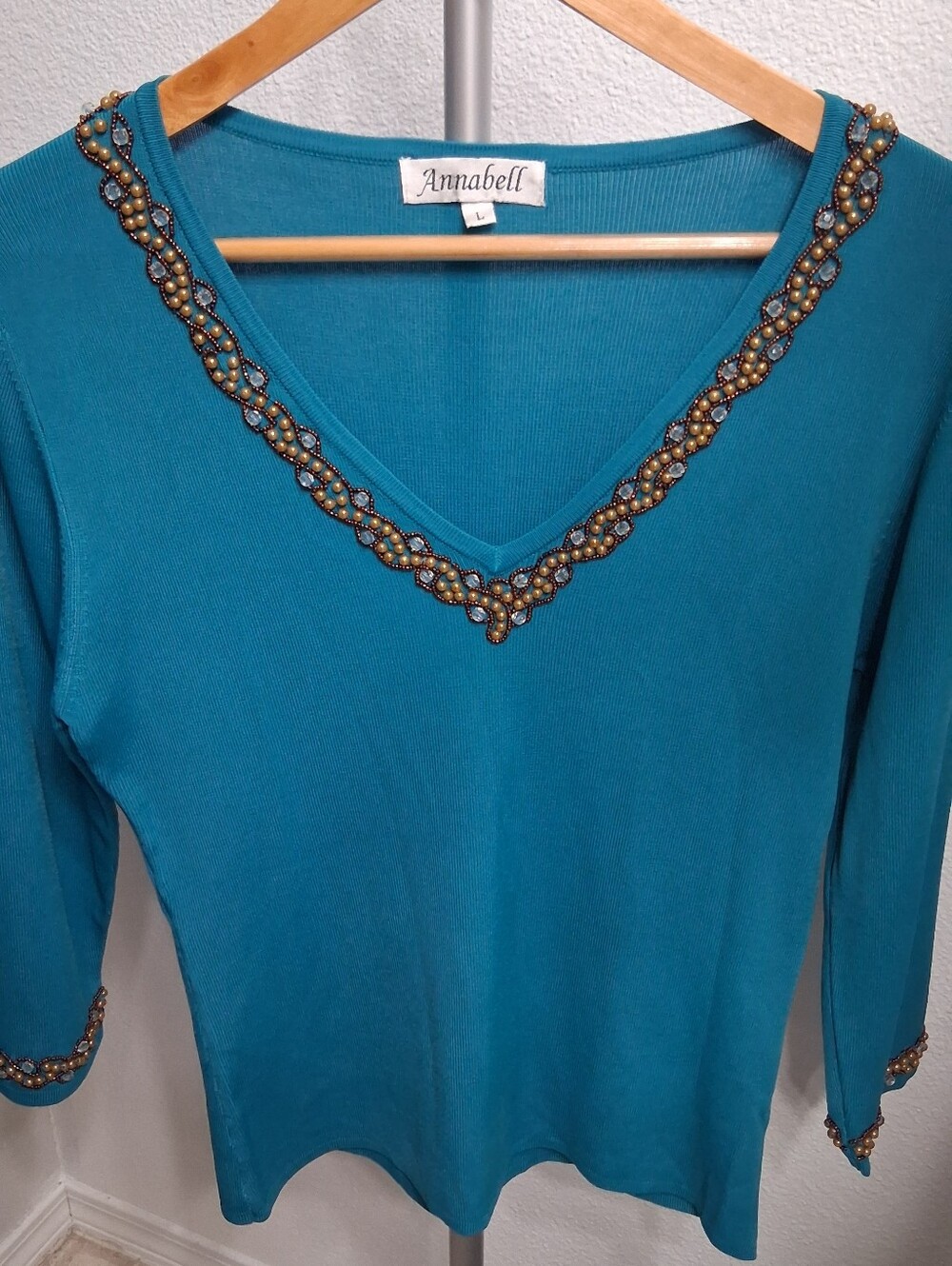 Annabell Teal V-Neck Embellished  Top.   Size L